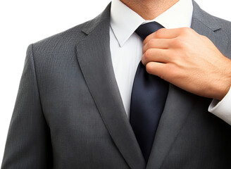 Professional man adjusting tie with gray suit, symbolizing confidence and preparation for business events or meetings