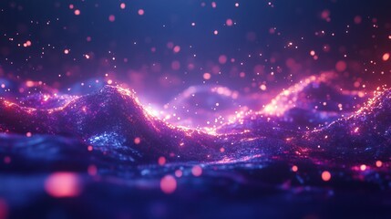 Glowing particles landscape, night scene, abstract background, digital art, website design
