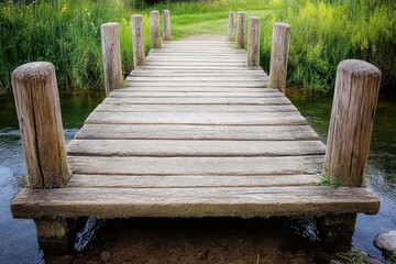 A photo of a small wooden bridge spanning over a calm and narrow stream Rustic wooden bridge crossing a babbling brook .