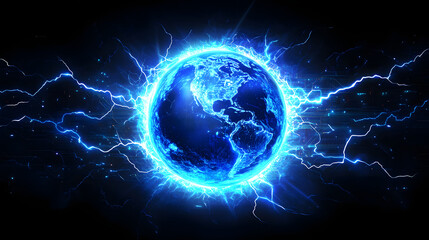 Obraz premium Abstract digital background with a blue glowing planet and circuit board elements 