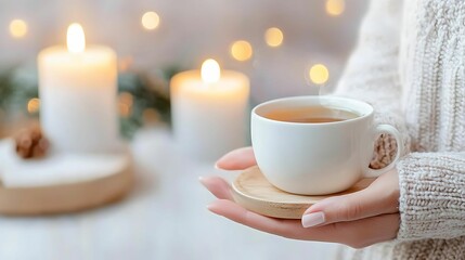 self-care routines mindfulness ritual. A cozy scene featuring a person holding a cup of tea or coffee, surrounded by soft candlelight and warm decorations.