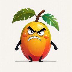 Cartoon mango with angry face. Orange fruit character with green leaves and black arms stands on white background. Illustration.