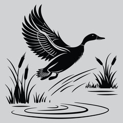 a duck taking flight from a pond silhouette vector design art and illustration