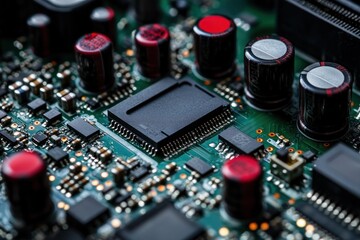 close up of electronic circuit board with central microchip and components. technology and innovation concept. tech industry, engineering. processor of personal computer, closeup