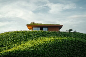 A photo of a spacious house perched on top of a vibrant green hill providing a striking contrast between the architecture and natural landscape A Tuscan villa surrounded by vineyards .