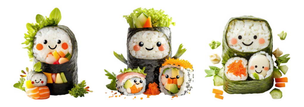 Whimsical Sushi Characters with Vegetables and Smiling Faces Isolated on a white background