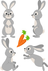Set of gray rabbits in different poses on a white background. Hare character. Easter bunny