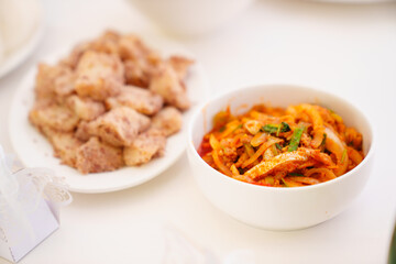 bowls with Korean dishes on the table. Fish heh is a soy dish. national cuisine.