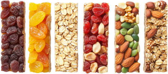 Colorful assortment of healthy snacks featuring dried fruits, nuts, and grains arranged in a creative layout