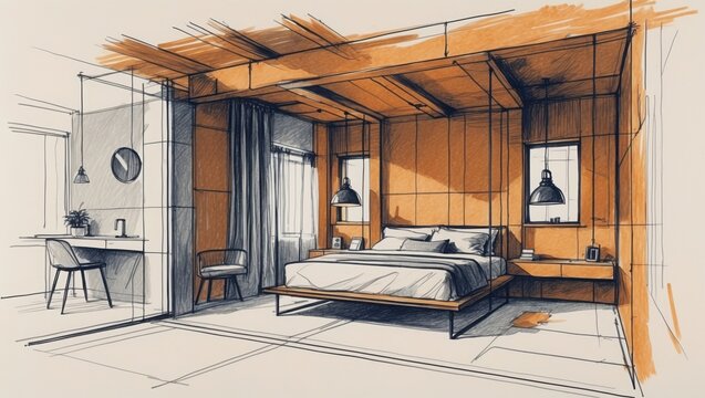 Bedroom interior sketch with bed and desk. Room design illustration in orange and gray colors. Hand drawn style.