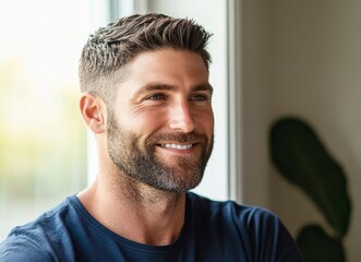 Fototapeta premium Close-up portrait of a handsome, smiling man with short hair and a beard, looking to the side with a window in the background. 