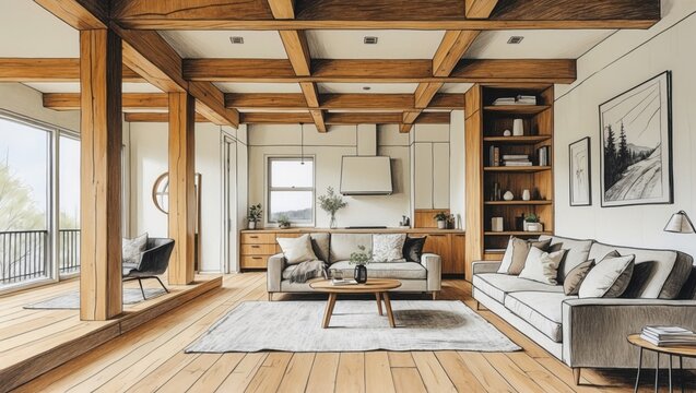 Living room interior illustration with brown wood beams and bright lighting, couch, and bookshelf, detailed sketch. Stylish living space with open floor.