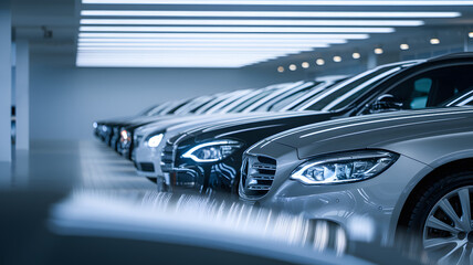 Fototapeta premium Modern car showroom with spotlights and gleaming vehicles, showcasing innovation and luxury in automotive design, reflecting cutting-edge technology and premium lifestyle aspirations.