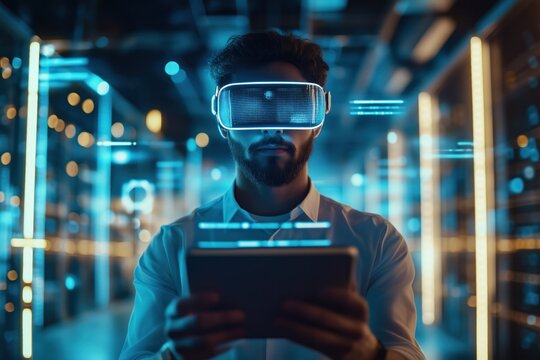 It technician wearing virtual reality headset and using tablet computer in data center