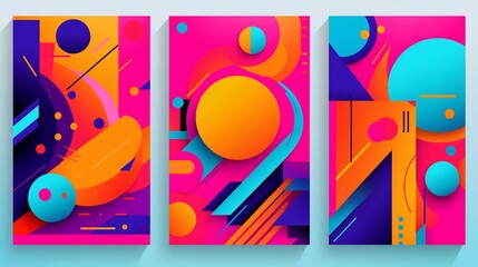 Colorful neo geometric poster. Grid with color geometrical shapes. Modern abstract promotional flyer background vector illustration set. Geometric template poster, brochure neo pattern with background
