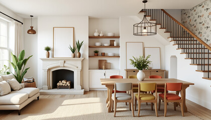 Fototapeta premium Inviting modern farmhouse living-dining area with colorful accents, comfort