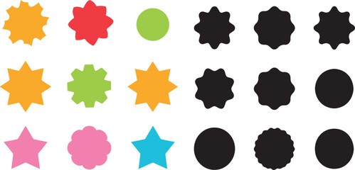 Badge star, sticker starburst shape, sale price tag, colorful sun, circle and oval label, round discount icon isolated on white background. Color vintage banner set. Vector illustration 