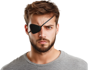 Young man with an eye patch demonstrating a serious expression while wearing a casual gray t-shirt indoors