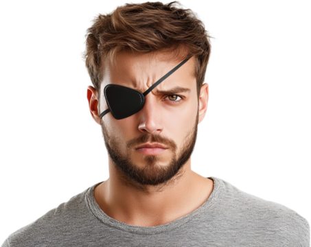 Young man with an eye patch demonstrating a serious expression while wearing a casual gray t-shirt indoors
