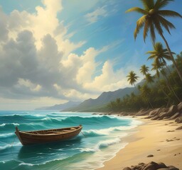 Obraz premium Illustration of ocean landscape with boat on beach.