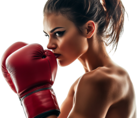 Intense Female Boxer Preparing for Match with Red Boxing Gloves and Fierce Expression in Studio Setting