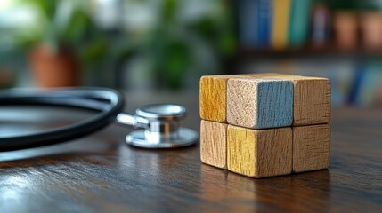 Wooden blocks, stethoscope, office, healthcare puzzle