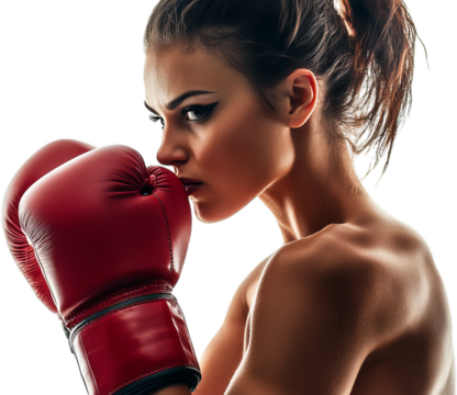 Intense Female Boxer Preparing for Match with Red Boxing Gloves and Fierce Expression in Studio Setting