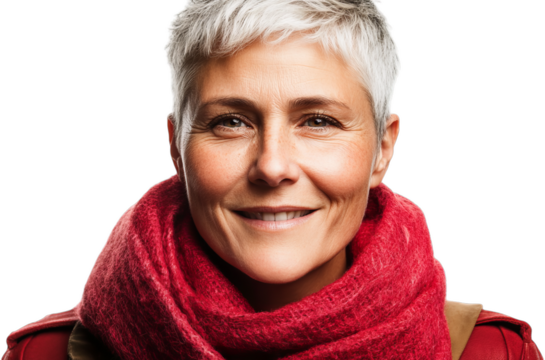Smiling Woman with Short Gray Hair Wearing Red Scarf Against a Plain Background in a Portrait Style