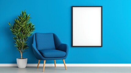 Bright and airy room showcasing a modern blue chair accompanied by a beautiful potted plant for a fresh look
