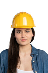 Portrait of a Female Construction Worker with a Yellow Safety Helmet