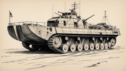 Amphibious Tank Drawing. Military Vehicle Sketch on Paper. Armed Assault Craft with Tracks and Flag.