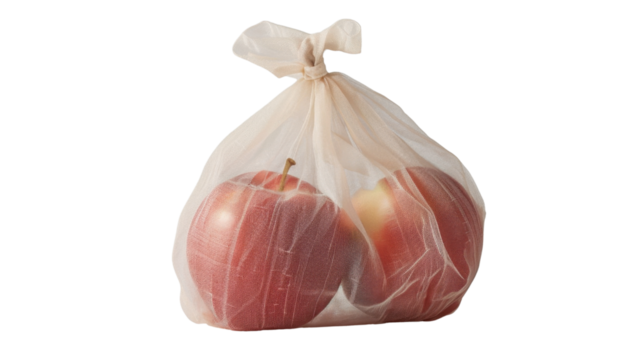 Reusable eco bag containing fresh red apples on transparent background