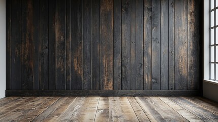 Naklejka premium Empty dark wood panelled wall for mock up, no furniture or decoration, ideal for product, brand, or interior design displays, minimalist space for advertising, presentations, and digital mockups.