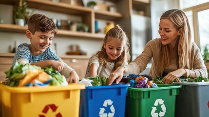 Mother and children sorting waste into recycling bins in kitchen promoting eco-friendly home and sustainable waste management