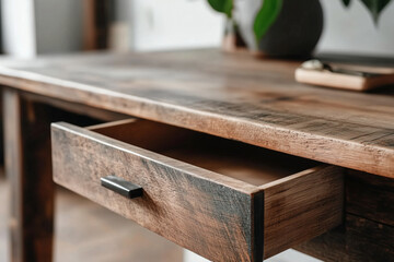 Rustic wooden desk with open drawer close up view