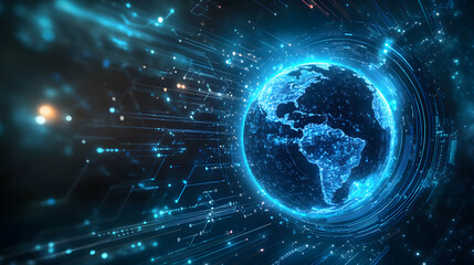 Obraz premium Abstract digital background with a blue glowing planet and circuit board elements 