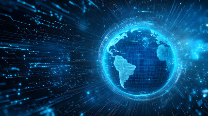 Obraz premium Abstract digital background with a blue glowing planet and circuit board elements 