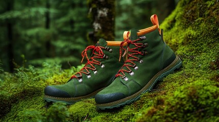 Two sturdy touristic boots, adorned with vibrant laces and sturdy soles, lay gracefully nestled in the embrace of verdant moss, a testament to the rugged beauty of the forest is undergrowth.