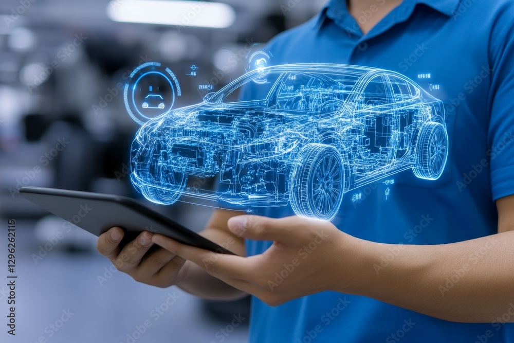 Poster a man in a blue shirt holding a tablet with a hologram electric vehicle system concept on the screen
