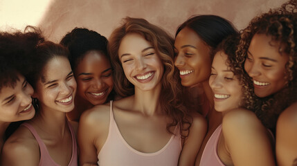 Obraz premium A diverse group of women with different skin tones smiling and embracing each other, showcasing diversity in beauty for a skincare advertising campaign