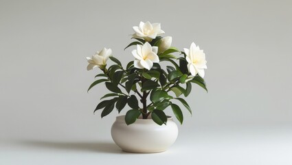 Delicate Blooming Gardenia Shrub in White Ceramic Pot with Green Leaves on White Background in Bright Studio Lighting