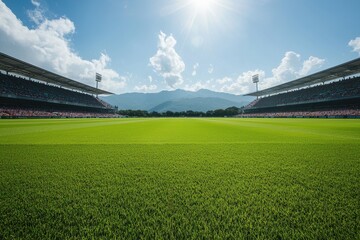 Fototapeta premium Vast Green Sports Field under Bright Blue Sky with Spectators Nearby