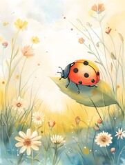 Bright and cheerful watercolor illustration of sunflowers, daisies, and a ladybug in a lush green meadow, celebrating the beauty of summer and nature.
