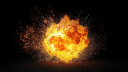 Fototapeta premium 3D render of a vibrant fireball explosion with sparks on a black background