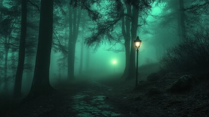 Naklejka premium Misty Forest Path at Night (1)