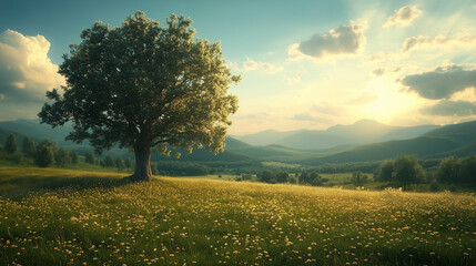 Naklejka premium Serenity of a meadow at sunset with a lone tree and mountains in the background