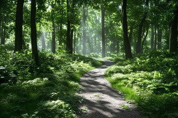 Obraz premium Tranquil path through lush green forest
