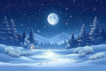 Fototapeta premium Serene winter night landscape featuring a glowing moon over a snowy campsite surrounded by pine trees