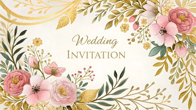 Luxury Wedding Invitation Floral Border with Gold Foil - Elegant Decorative Frame