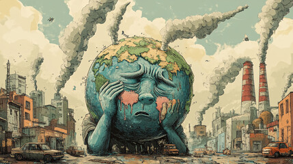 A surreal illustration of Earth as a sad, crying figure surrounded by factories, smoke, and pollution, symbolizing climate change and environmental destruction.